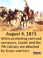 While protecting a railroad survey party in Montana, Custer and his 7th Cavalry clash for the first time with the Sioux Indians, who will defeat them three years later at Little BigHorn. For two years, Custer and his 7th Cavalry had not fought a single battle against the Indians of the western Plains. Hungry for action, Custer was pleased when the 7th Cavalry was ordered to help protect a party of surveyors laying out the route for the proposed Northern Pacific Railroad. 